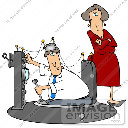 #29827 Clip Art Graphic of an Angry Wife Staring At Her Husband While He Tries To Complete His Time Machine Invention by DJArt