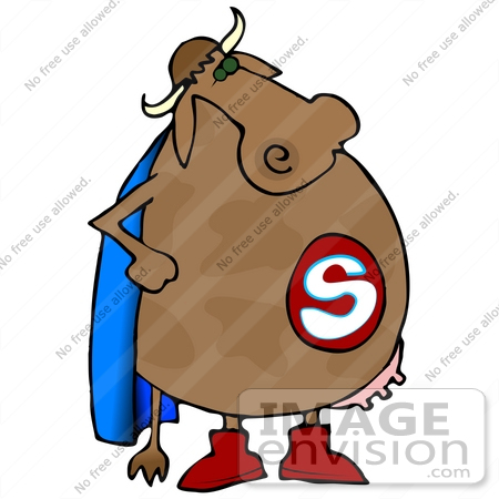 #29834 Clip Art Graphic of a Super Hero Cow Wearing a Blue Cape by DJArt