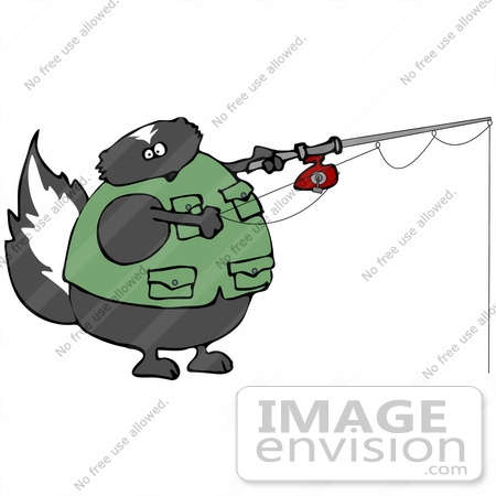 #29840 Clip Art Graphic of a Skunk Fishing and Wearing a Vest by DJArt