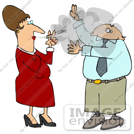 #29844 Clip Art Graphic of a Man Holding His Arms up in Front of His Face and Waving Away Cigarette Smoke While a Woman Blows it in His Direction by DJArt