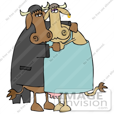 #29857 Clip Art Graphic of a Romantic Cow Couple Dancing and Embracing by DJArt