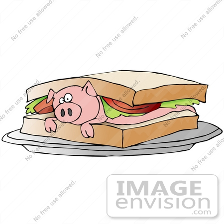 #29859 Clip Art Graphic of a Clueless Pink Pig Lying Under Lettuce and Tomatoes Between Bread Slices on a BLT Sandwich by DJArt