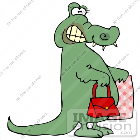 #29860 Clip Art Graphic of a Feminine Alligator Carrying a Purse and Shopping Bag by DJArt