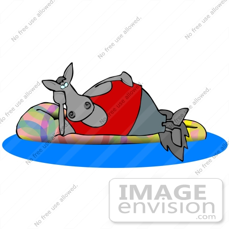 #29864 Clip Art Graphic of a Lazy Horse Relaxing on an Inner Tube in a Swimming Pool by DJArt