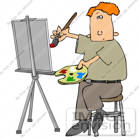 #29872 Clip Art Graphic of a Caucasian Man Painting a Portrait on an Easel by DJArt
