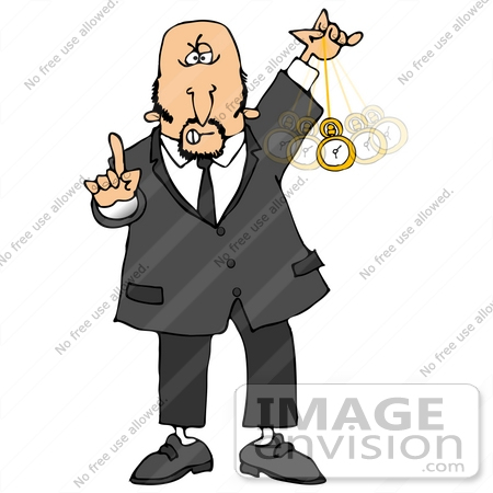 #29874 Clip Art Graphic of a Caucasian Hypnotist Man Holding A Finger Up And Swinging A Pocket Watch Back And Forth While Hypnotizing And Putting The Viewer Into A Trance by DJArt