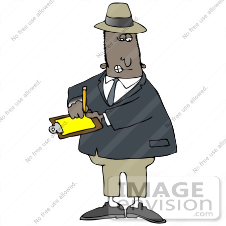 #29876 Clip Art Graphic of an African American Inspector Writing Notes on a Clipboard by DJArt