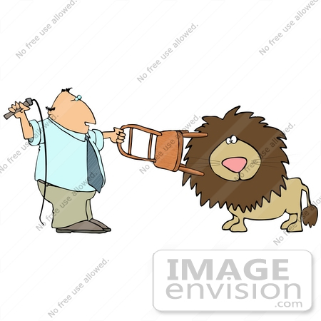 #29878 Clip Art Graphic of a Man Using a Chair and Whip to Tame a Lion by DJArt