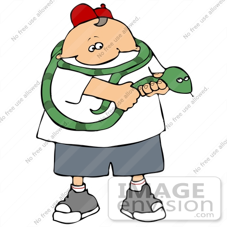 #29883 Clip Art Graphic of a Proud Boy Holding His Pet Snake by DJArt