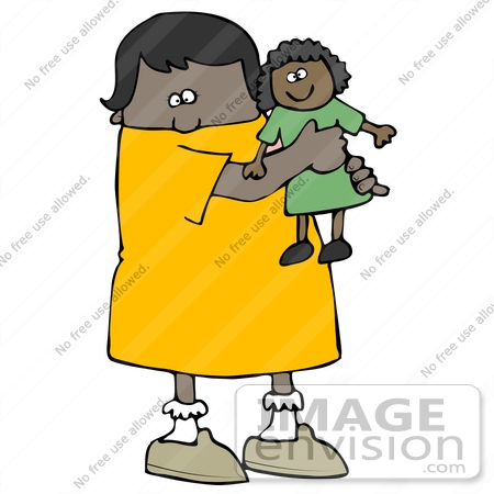 #29884 Clip Art Graphic of a Cute African American Girl Hugging Her Doll by DJArt