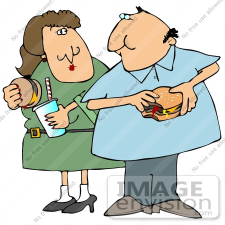 #29890 Clip Art Graphic of a Couple Eating Cheeseburgers and Sharing a Soda by DJArt