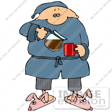 #29895 Clip Art Graphic of a Sleepy Man In A Robe And Bunny Slippers, Pouring A Cup Of Hot Coffee by DJArt