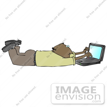 #29896 Clip Art Graphic of a Man Lying on His Belly and Using a Laptop by DJArt