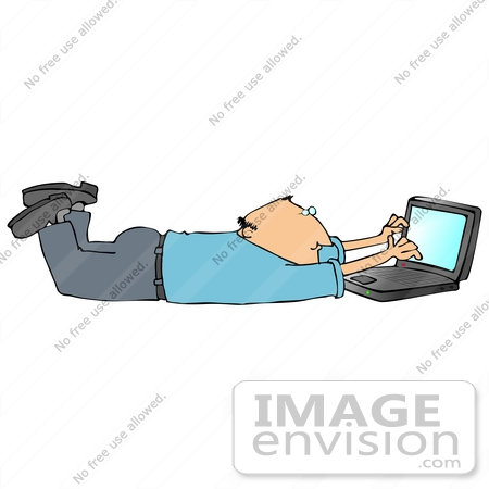 #29897 Clip Art Graphic of a Man Typing on a Notebook Computer While Lying on His Belly by DJArt