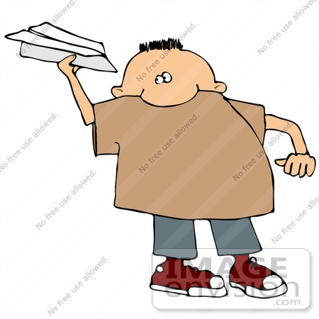 #29904 Clip Art Graphic of a Boy Playing With a Paper Airplane by DJArt