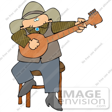 #29905 Clip Art Graphic of a Cowboy Sitting On A Stool And Picking A Banjo by DJArt