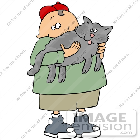 #29908 Clip Art Graphic of a Happy Boy Carrying His Cat by DJArt