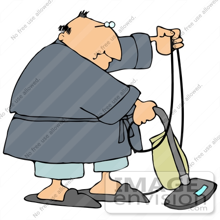 #29911 Clip Art Graphic of a Man In A Robe And Slippers, Using A Vacuum by DJArt