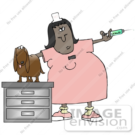 #29924 Clip Art Graphic of a Worried Dog On An Exam Table Watching A Female Vet Tech Prepare A Needle For A Shot by DJArt