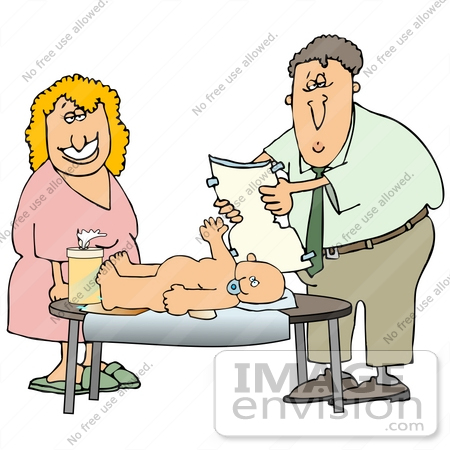 #29925 Clip Art Graphic of a Blond Woman, A Wife And Mother, Grinning In Satisfaction At Her Husband, And Father, Changing The Baby’s Diaper For Once by DJArt