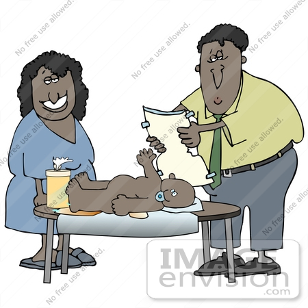 #29926 Clip Art Graphic of a Wife And Mother Grinning In Satisfaction At Her Husband, And Father Of Her Child, As He Changes The Baby’s Diaper For Once by DJArt