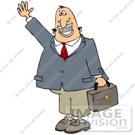 #30188 Clip Art Graphic of a Friendly Caucasian Businessman Carrying a Briefcase, Waving, Smiling and Showing His Metal Mouth of Braces by DJArt