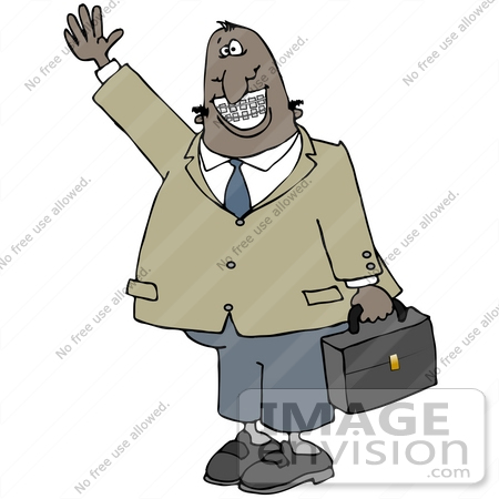 #30189 Clip Art Graphic of a Friendly Black Businessman Carrying A Briefcase, Waving, Smiling And Showing His Metal Mouth Of Braces by DJArt