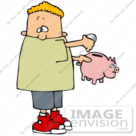 #30190 Clip Art Graphic of a Blond Boy Putting Change Into His Piggy Bank by DJArt