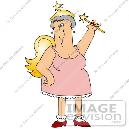 #30194 Clip Art Graphic of a Caucasian Fairy Godmother Wearing a Pink Dress and Golden Wings, Holding a Magic Wand by DJArt