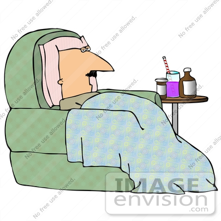 #30196 Clip Art Graphic of a Sick White Man With a Blanket and Pillow, Sitting in a Chair With Medicine by His Side by DJArt