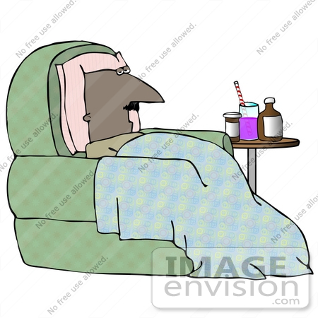 #30197 Clip Art Graphic of a Sick Black Man With a Blanket and Pillow, Sitting in a Chair With Medicine by His Side by DJArt