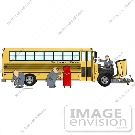 #30198 Clip Art Graphic of a Group Of Male Mechanics Repairing The Engine Of A Yellow School Bus by DJArt