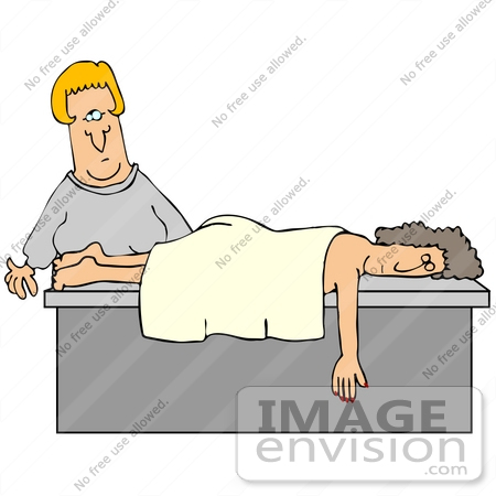 #30204 Clip Art Graphic of a Blond White Masseuse Woman Preparing To Wake A Relaxed Client After She Fell Asleep During A Massage by DJArt