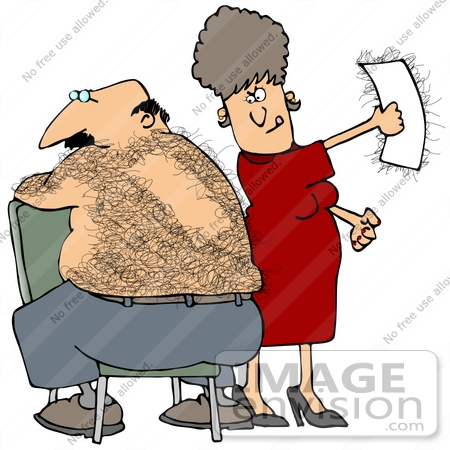 #30212 Clip Art Graphic of a Middle Aged Bald White Man Sitting Backwards In A Chair While His Wife Rips A Wax Strip Off Of His Skin, Removing A Patch Of Hair by DJArt