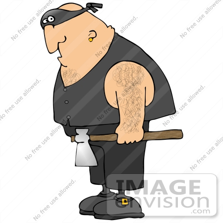 #30372 Clip Art Graphic of a Hairy Cacasian Executioner Man Carrying an Ax by DJArt