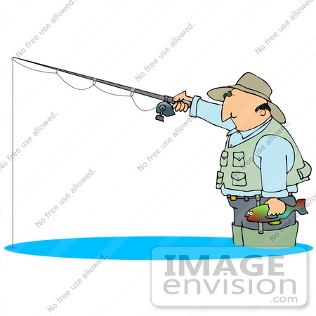 #30373 Clip Art Graphic of a Man Wading in Water and Holding a Fish and Fishing Pole While Fishing by DJArt