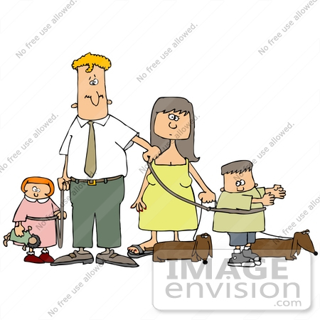 #30377 Clip Art Graphic of a Man And Woman, Mother And Father, Walking With Their Dogs And Children, All On Leashes by DJArt