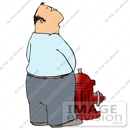 #30378 Clip Art Graphic of a Middle Aged Man Pissing On A Red Fire Hydrant by DJArt