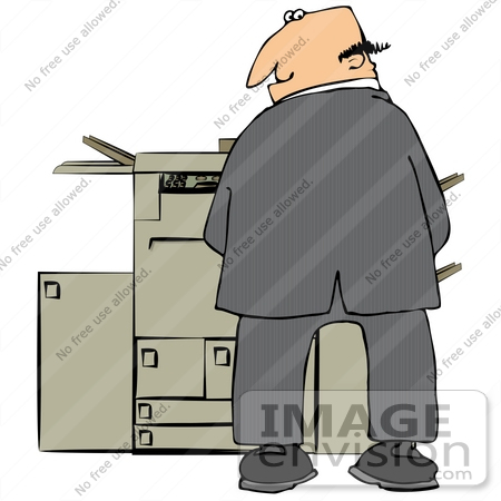 #30380 Clip Art Graphic of a Businessman Pissing On An Office Copier Machine And Looking Back Over His Shoulder by DJArt