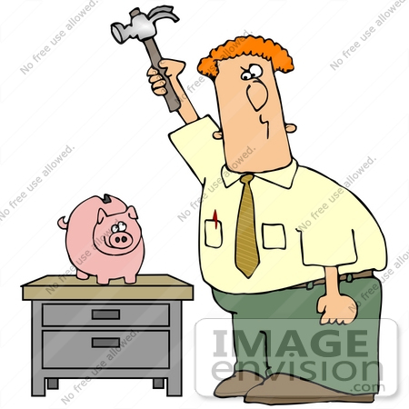 #30382 Clip Art Graphic of a Businessman About To Break A Piggy Bank With A Hammer by DJArt