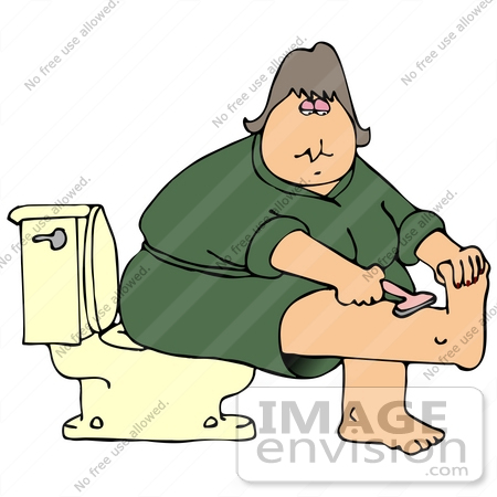 #30385 Clip Art Graphic of a White Woman In A Green Robe Sitting On A Toilet And Shaving Her Leg by DJArt