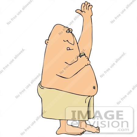 #30389 Clip Art Graphic of a White Man Wrapped In A Towel, Applying Antiperspirant To His Armpit by DJArt