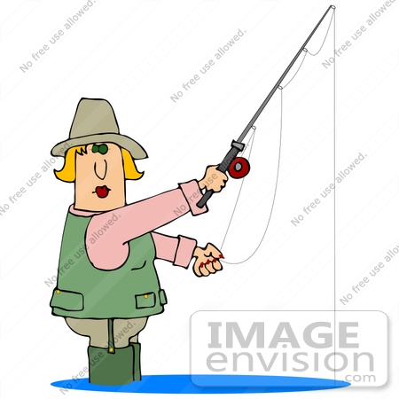 #30425 Clip Art Graphic of a Middle Aged Blond Caucasian Woman Wearing a Vest and Wading Pants While Fishing by DJArt