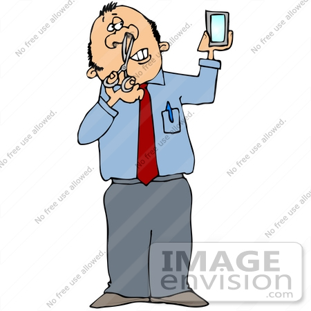 #30426 Clip Art Graphic of a Caucasian Businesman Using Scissors to Trim His Nose Hair While Looking in a Mirror by DJArt