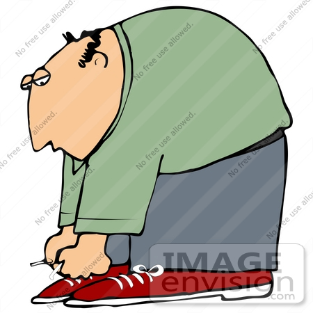 #30427 Clip Art Graphic of a Balding Middle Aged Caucasian Man Bending Over to Tie the Laces of His Red Shoes by DJArt