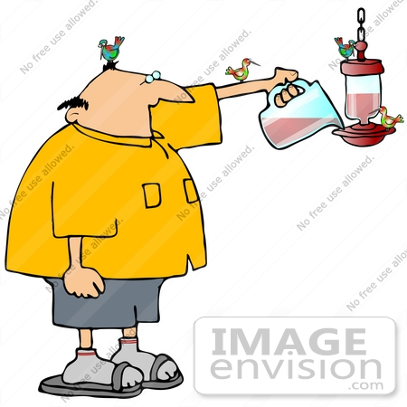 #30428 Clip Art Graphic of a Nature Loving Balding Middle Aged Caucasian Man Filling A Humming Bird Feeder With Red Nectar As Hummingbirds Perch On Him And The Feeder by DJArt