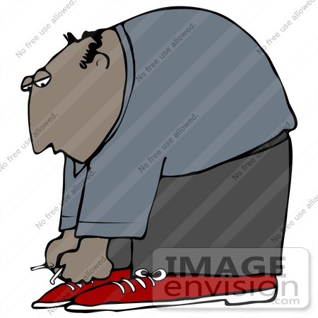 #30429 Clip Art Graphic of a Balding Middle Aged Hispanic Or African American Man Bending Over To Tie The Laces Of His Red Shoes by DJArt