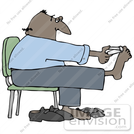 #30431 Clip Art Graphic of a Balding Middle Aged Hispanic Or African American Man Holding His Feet Up While Sitting In A Chair And Clipping His Toenails by DJArt