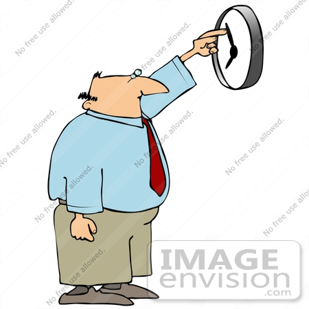 #30432 Clip Art Graphic of a Bald Middle Aged Caucasian Businessman Reaching His Arm Up To Speed Up The Clock So He Can Get Out Of Work Faster, Or Adjusting The Time For Daylight Savings by DJArt