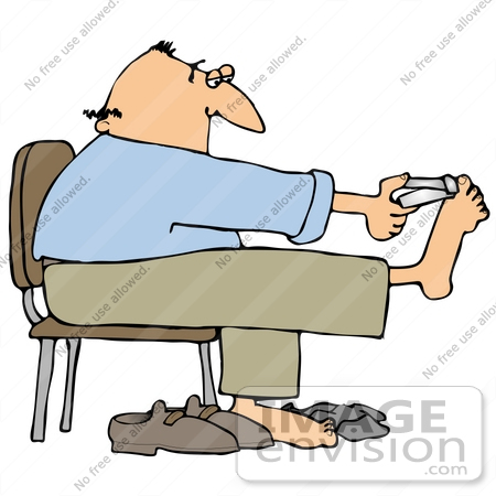 #30434 Clip Art Graphic of a Balding Middle Aged Caucasian Man Holding His Feet Up While Sitting In A Chair And Clipping His Toenails by DJArt
